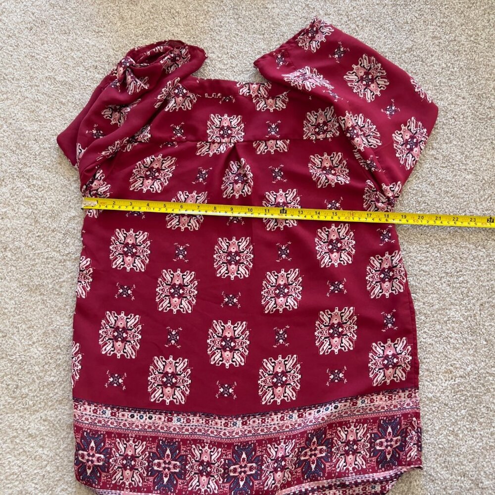 Maroon Abstract Boho Office Work Asymmetrical Top - Picture 6 of 6